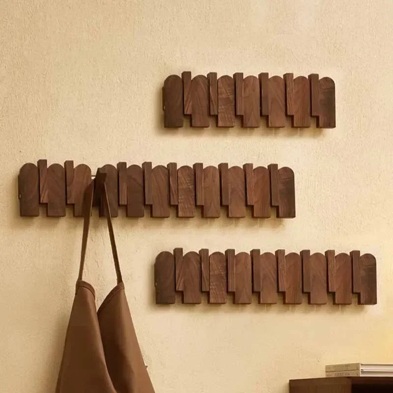 Rounded Piano Key Wooden Coat Rack with Fold-Down Hooks