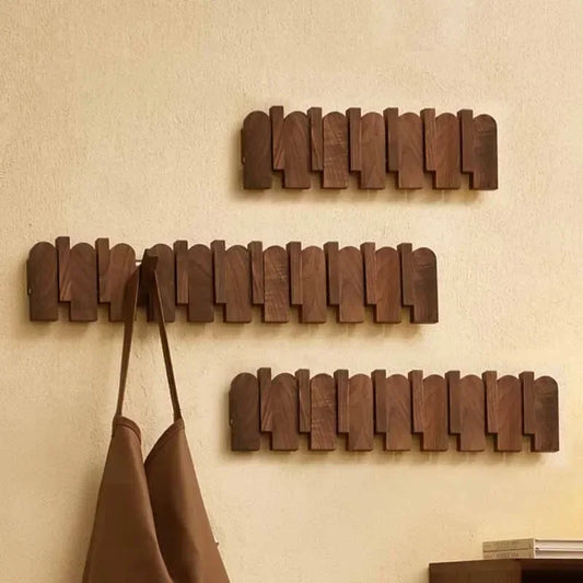Rounded Piano Key Wooden Coat Rack with Fold-Down Hooks