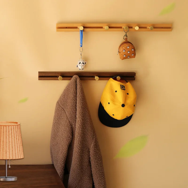 Wooden Wall Coat Rack with Sliding Gold-Tone Hooks