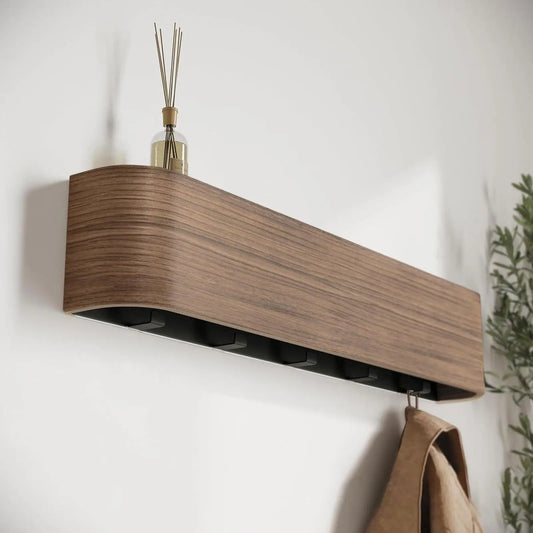 Wooden Curved Wall Shelf with Hidden Coat Hooks