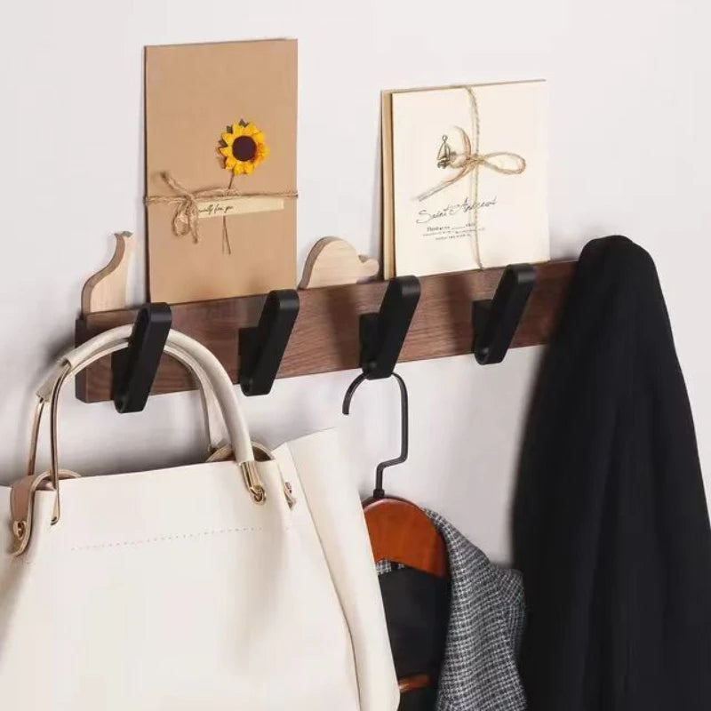 Wooden Wall Coat Rack with Metal Hooks