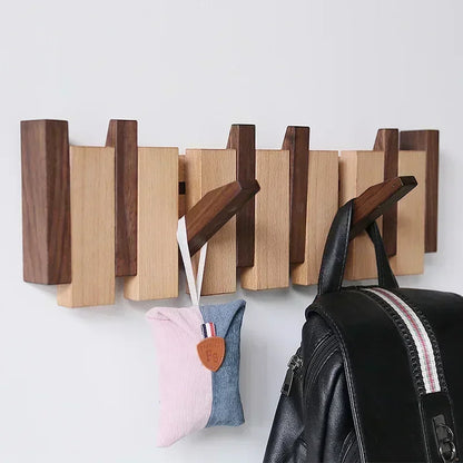 Staggered Piano Key Wooden Coat Rack with Fold-Down Hooks