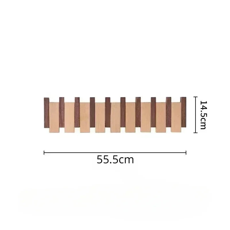 Wooden hook rack with dimensions on a white background