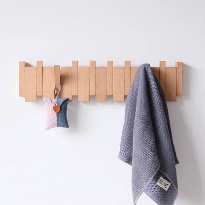 Staggered Piano Key Wooden Coat Rack with Fold-Down Hooks