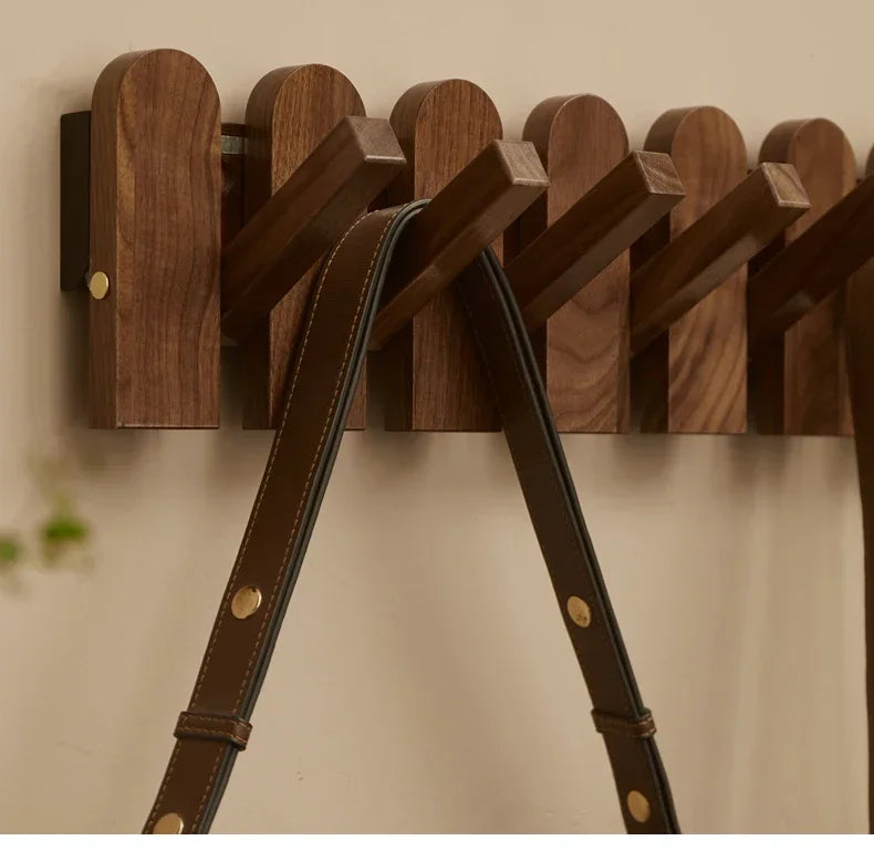 Rounded Piano Key Wooden Coat Rack with Fold-Down Hooks
