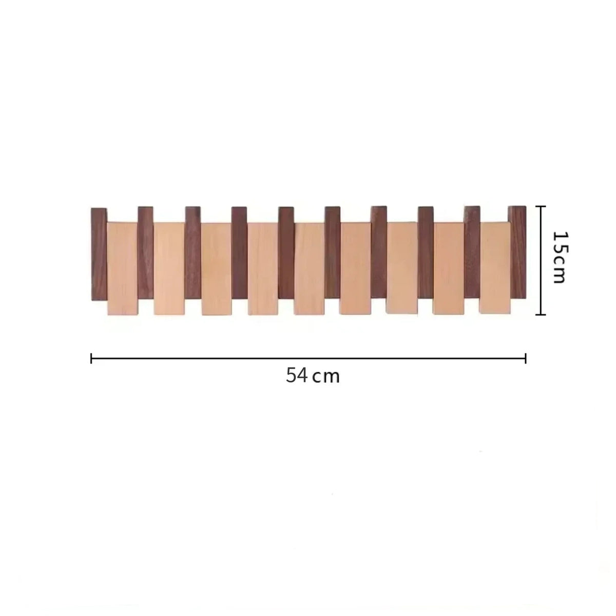 Wooden wall hook with dimensions and installation tools on a white background