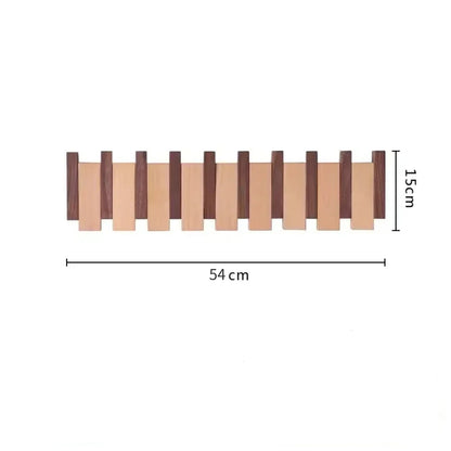 Wooden wall hook with dimensions and installation tools on a white background