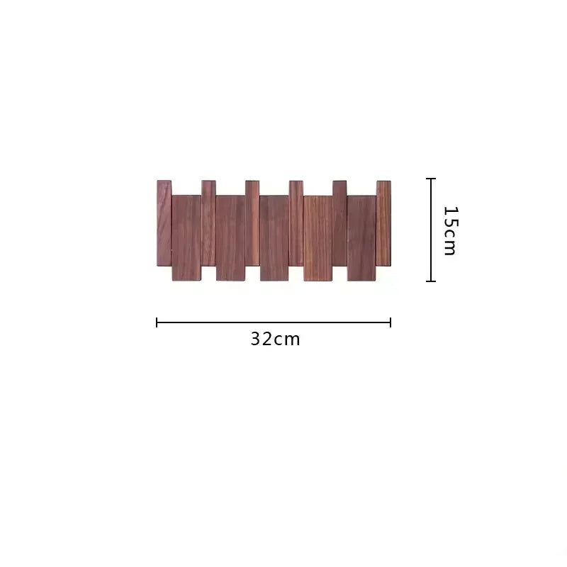 Wooden wall hook with dimensions and installation tools on a white background