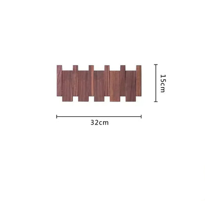 Wooden wall hook with dimensions and installation tools on a white background