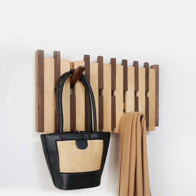 Double Row Piano Key Wooden Coat Rack with Fold-Down Hooks
