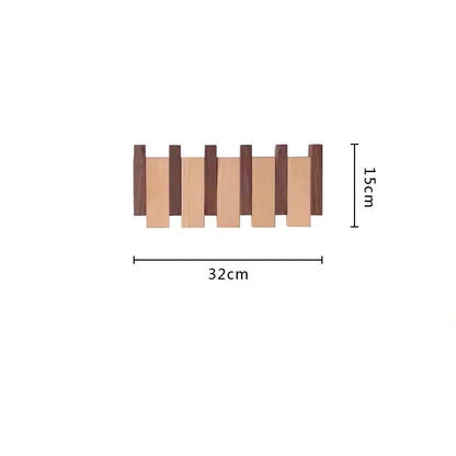 Wooden wall hook with dimensions and installation tools on a white background