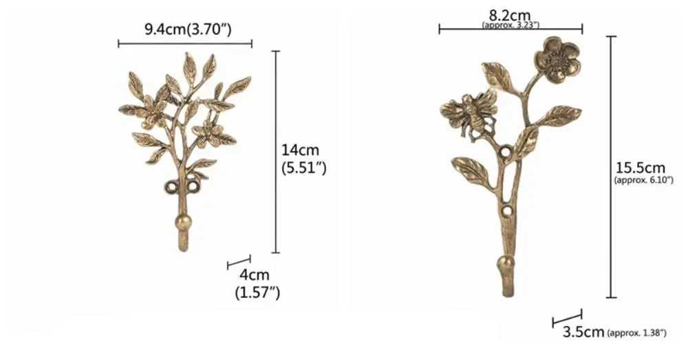 Three antique bronze metal floral branch hardware pieces shown with dimension callouts and measurements on a white background.