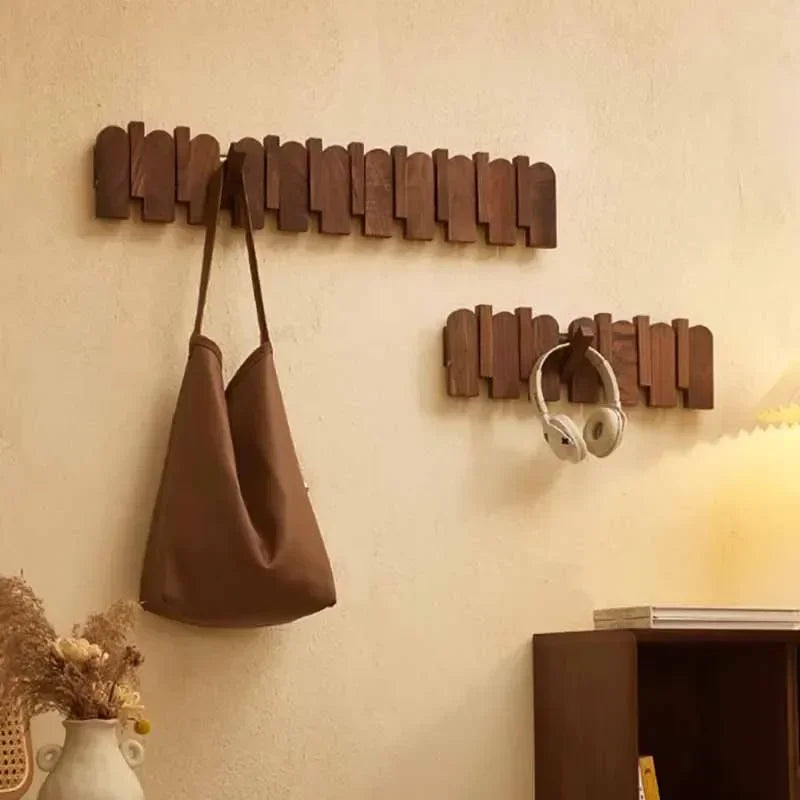 Rounded Piano Key Wooden Coat Rack with Fold-Down Hooks