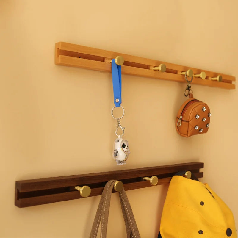 Wooden Wall Coat Rack with Sliding Gold-Tone Hooks