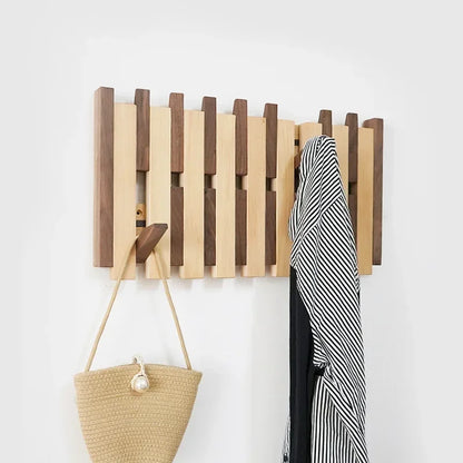 Double Row Piano Key Wooden Coat Rack with Fold-Down Hooks