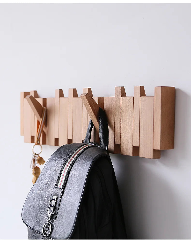 Staggered Piano Key Wooden Coat Rack with Fold-Down Hooks