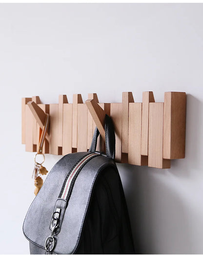 Staggered Piano Key Wooden Coat Rack with Fold-Down Hooks
