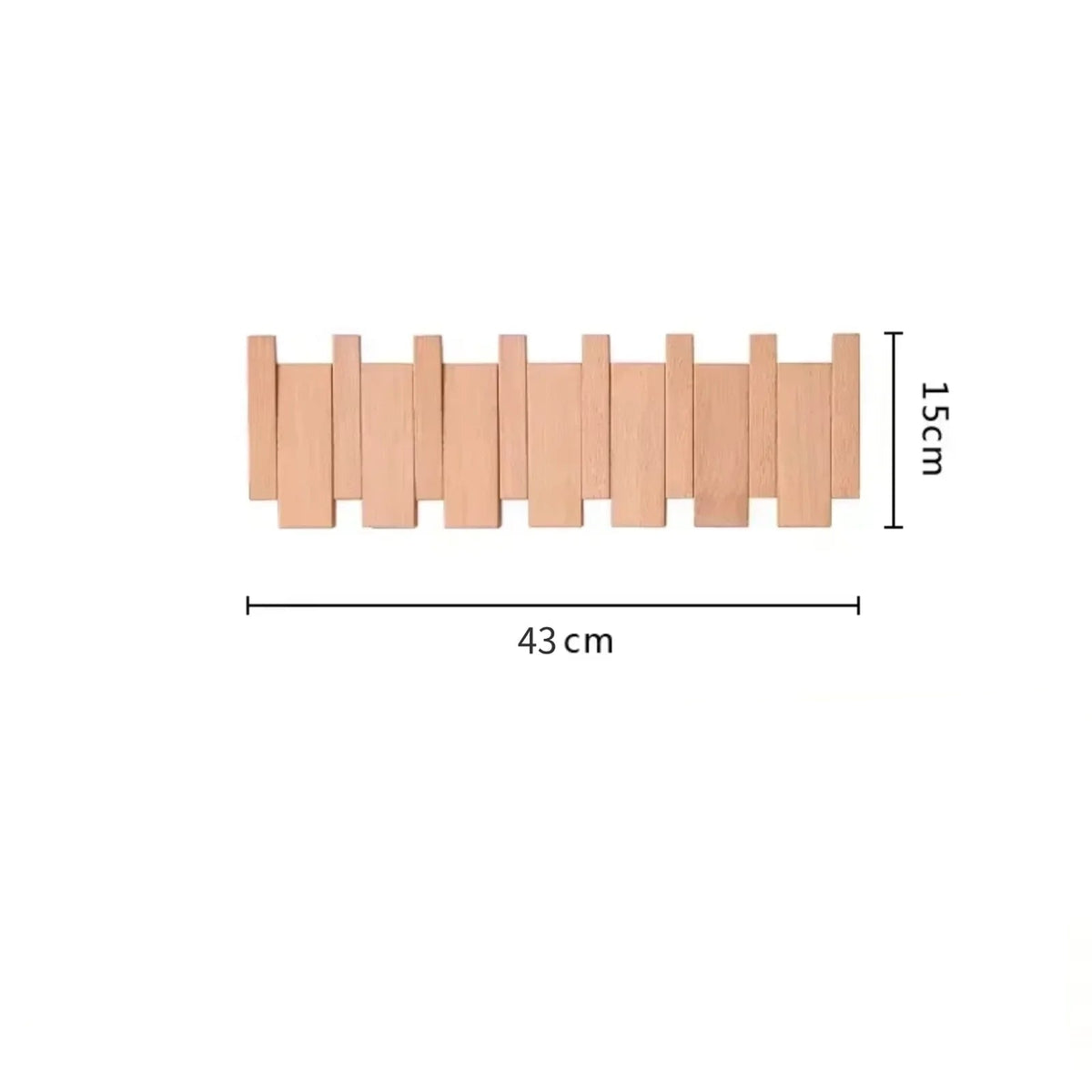 Wooden wall hook with dimensions and installation tools on a white background