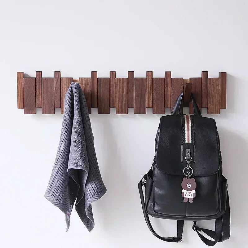 Staggered Piano Key Wooden Coat Rack with Fold-Down Hooks