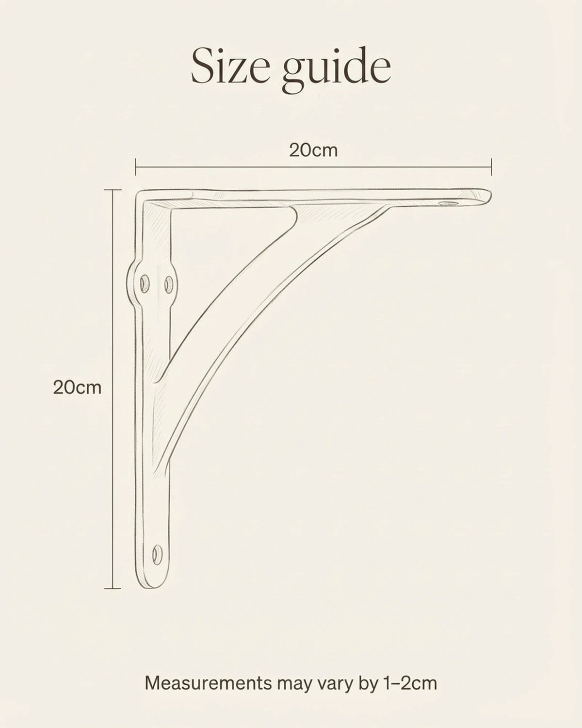 Size guide for the arc decorative shelf bracket: 20cm high and 20cm deep