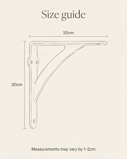 Size guide for the arc decorative shelf bracket: 20cm high and 20cm deep