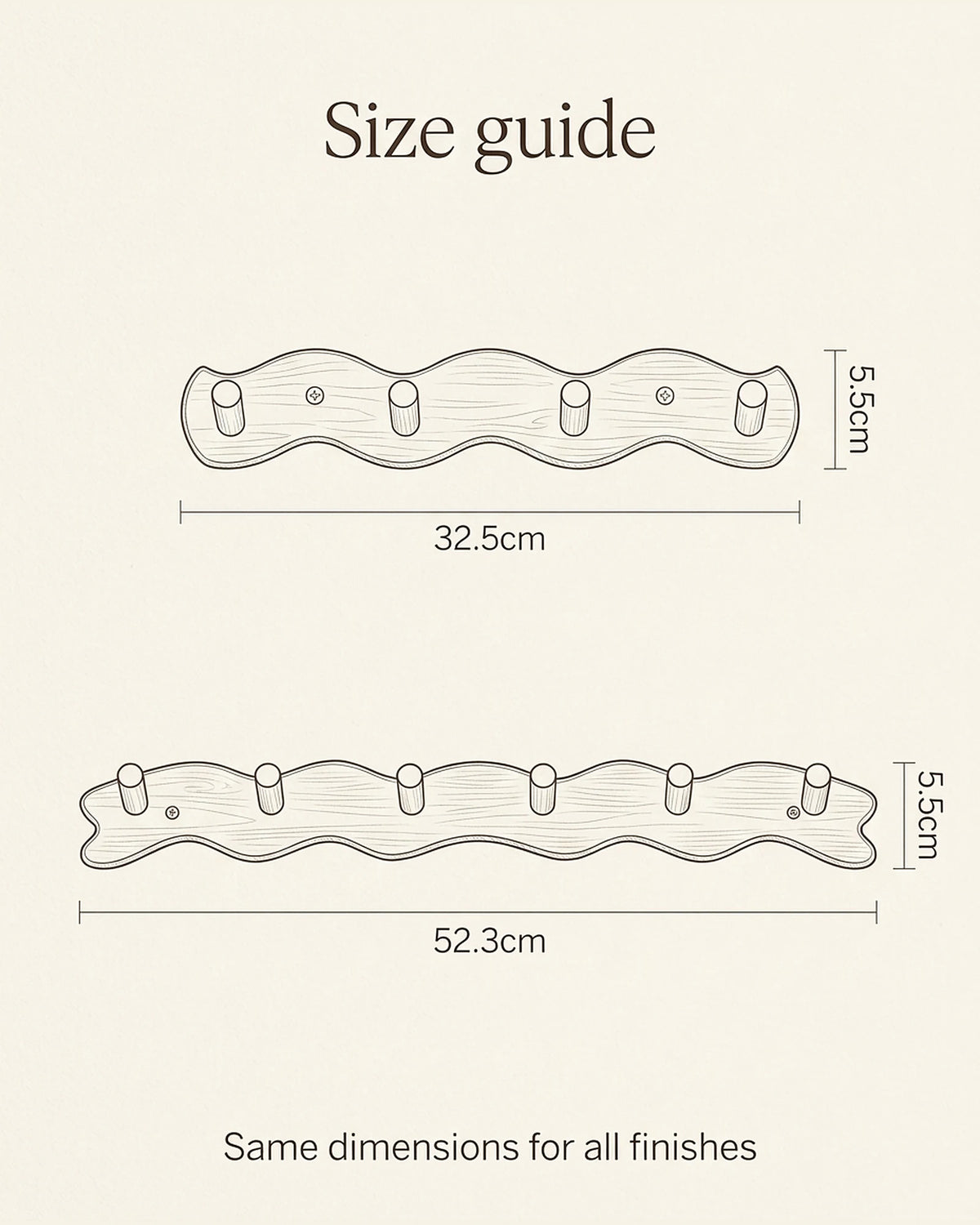 Size guide sketch for the bamboo wavy coat rack: 4 pegs 32.5 cm or 6 pegs 52.3 cm long, both 5.5 cm high