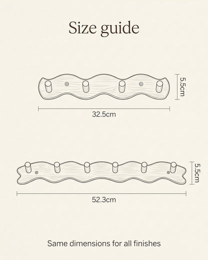 Size guide sketch for the bamboo wavy coat rack: 4 pegs 32.5 cm or 6 pegs 52.3 cm long, both 5.5 cm high