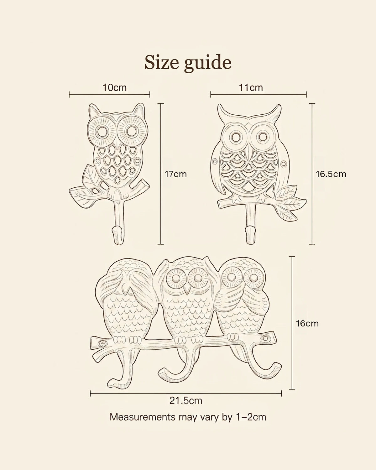 Size guide sketch for the cast iron owl wall hooks: slim owl 10 x 17 cm, round owl 11 x 16.5 cm, three owls 21.5 x 16 cm