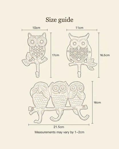 Size guide sketch for the cast iron owl wall hooks: slim owl 10 x 17 cm, round owl 11 x 16.5 cm, three owls 21.5 x 16 cm