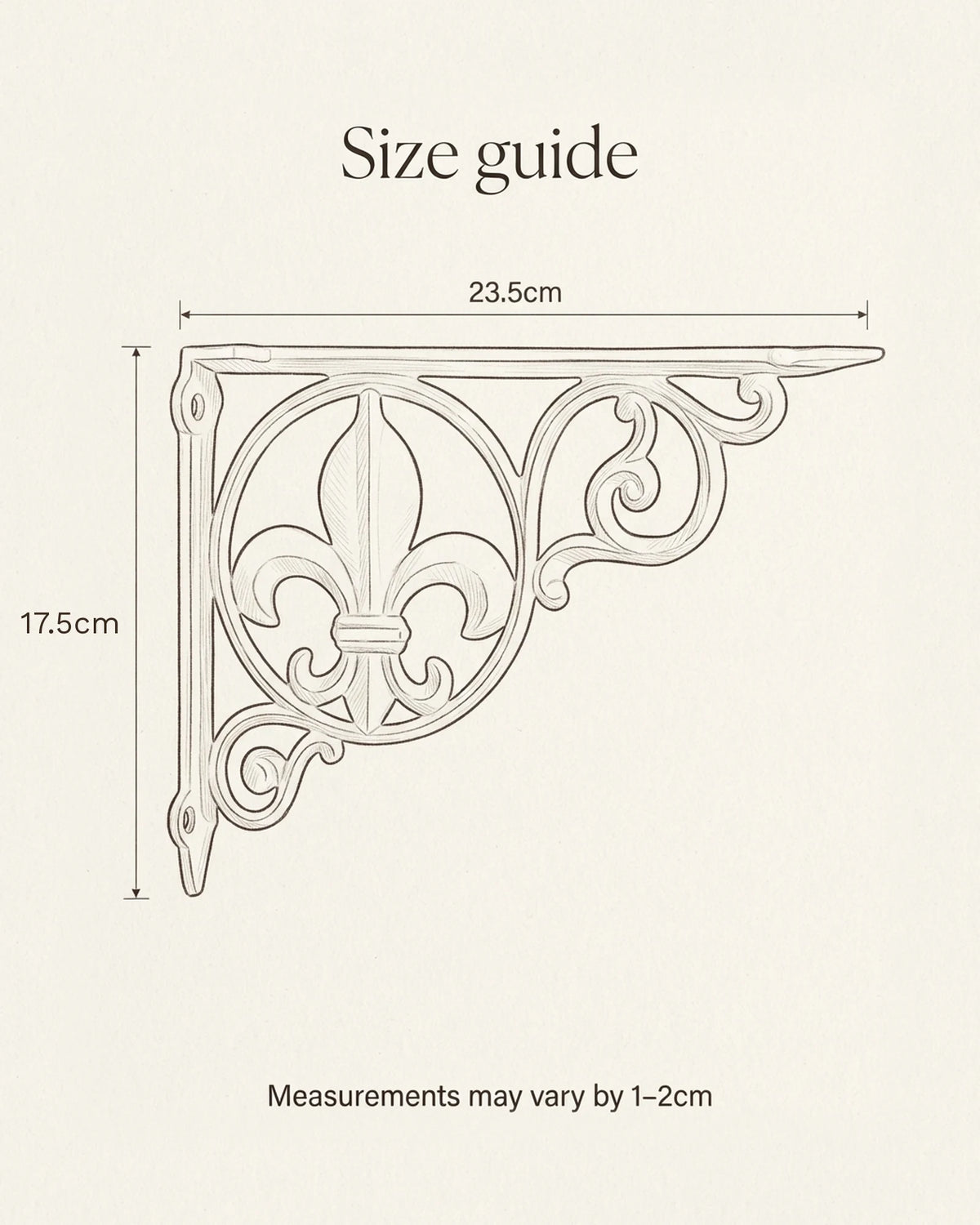 Size guide for the fleur-de-lis decorative shelf bracket: 17.5cm high and 23.5cm deep