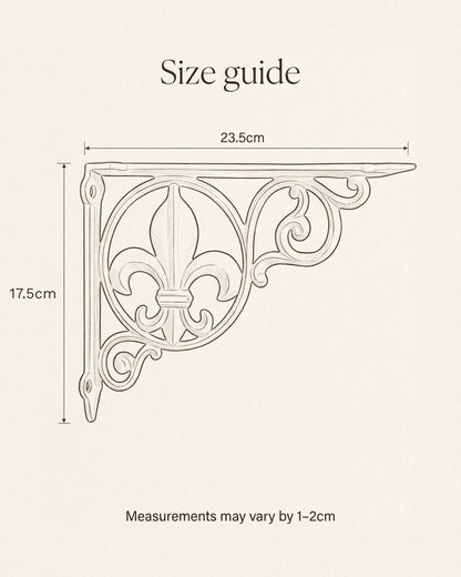 Size guide for the fleur-de-lis decorative shelf bracket: 17.5cm high and 23.5cm deep