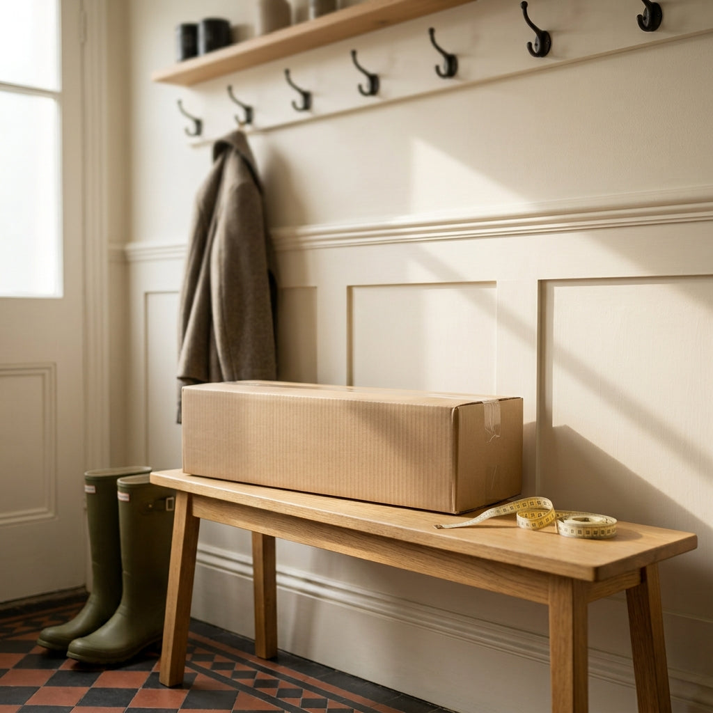 Wooden coat rack with coats and bags on a hallway wall