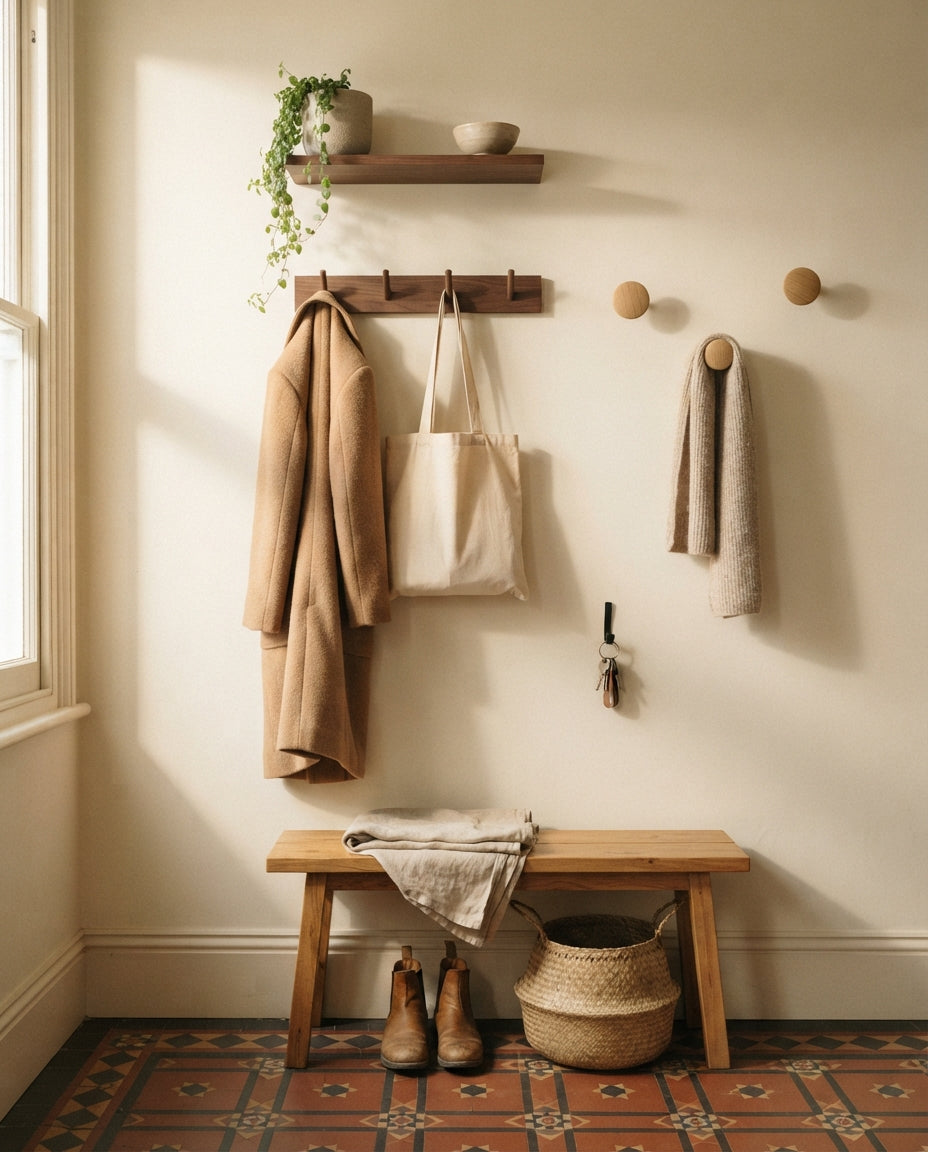 Hallway wall with a wooden coat rack, wall hooks and a small shelf