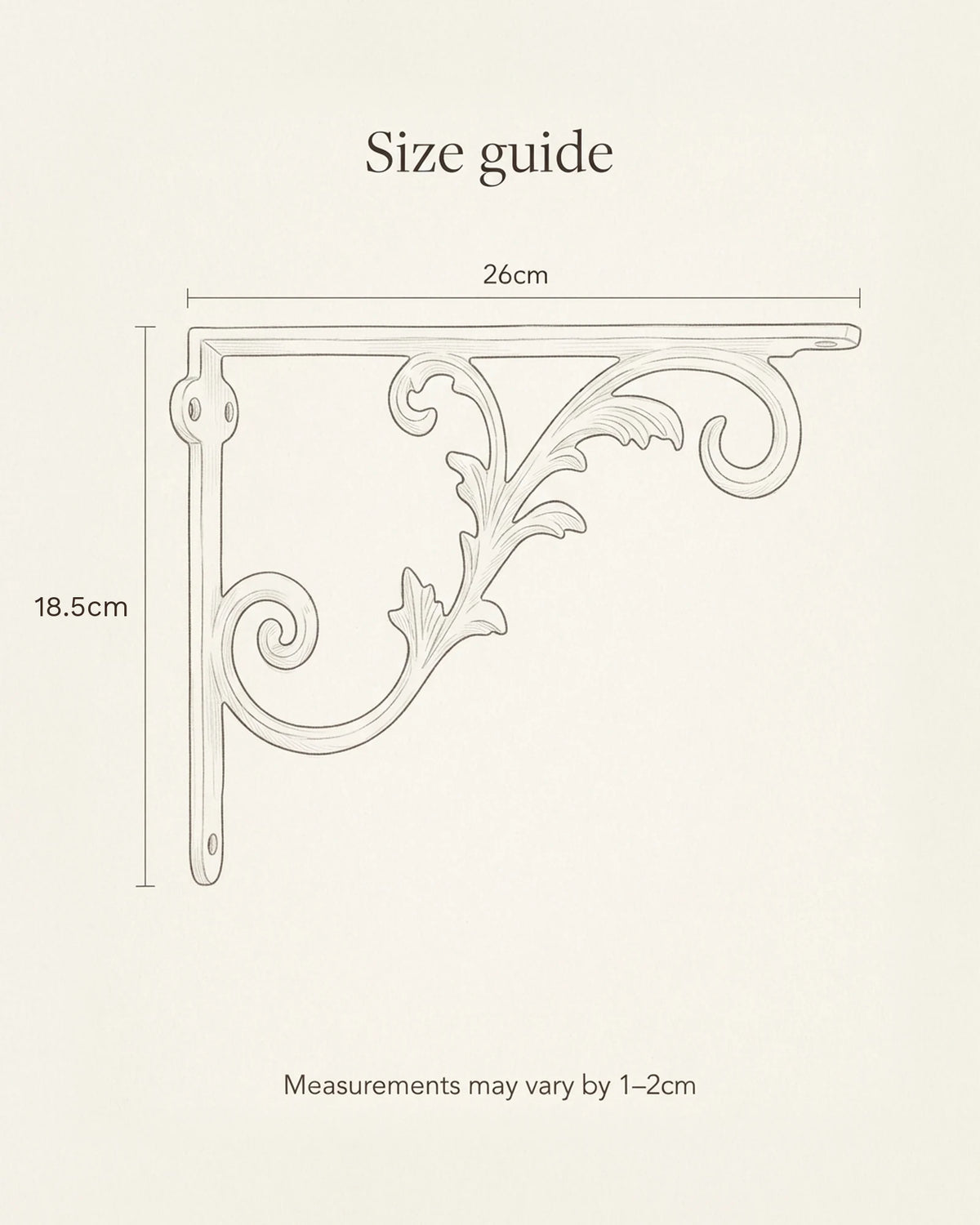 Size guide for the light scroll decorative shelf bracket: 18.5cm high and 26cm deep