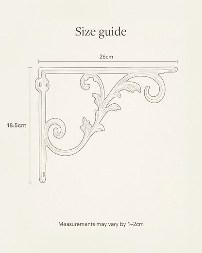 Size guide for the light scroll decorative shelf bracket: 18.5cm high and 26cm deep