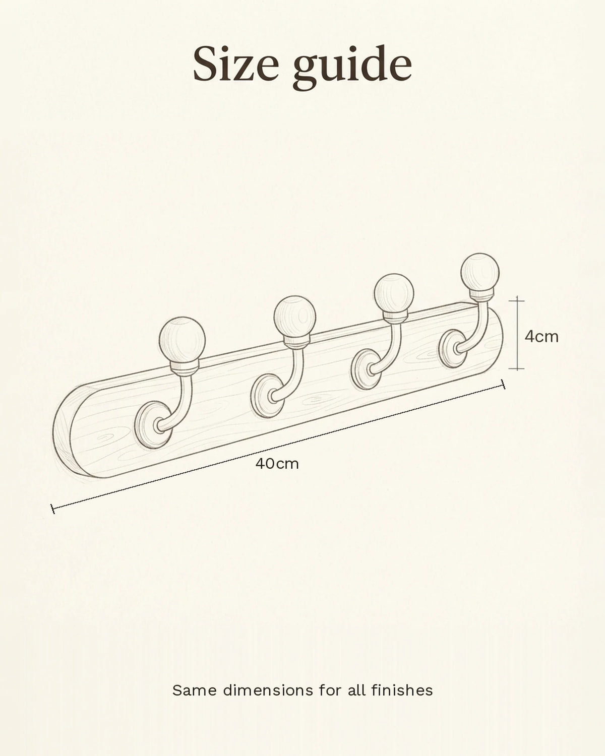 Size guide sketch for the wooden coat rack with four ball-top hooks: 40 cm long, 4 cm high, hooks projecting 5.3 cm