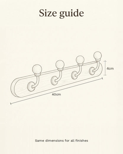Size guide sketch for the wooden coat rack with four ball-top hooks: 40 cm long, 4 cm high, hooks projecting 5.3 cm