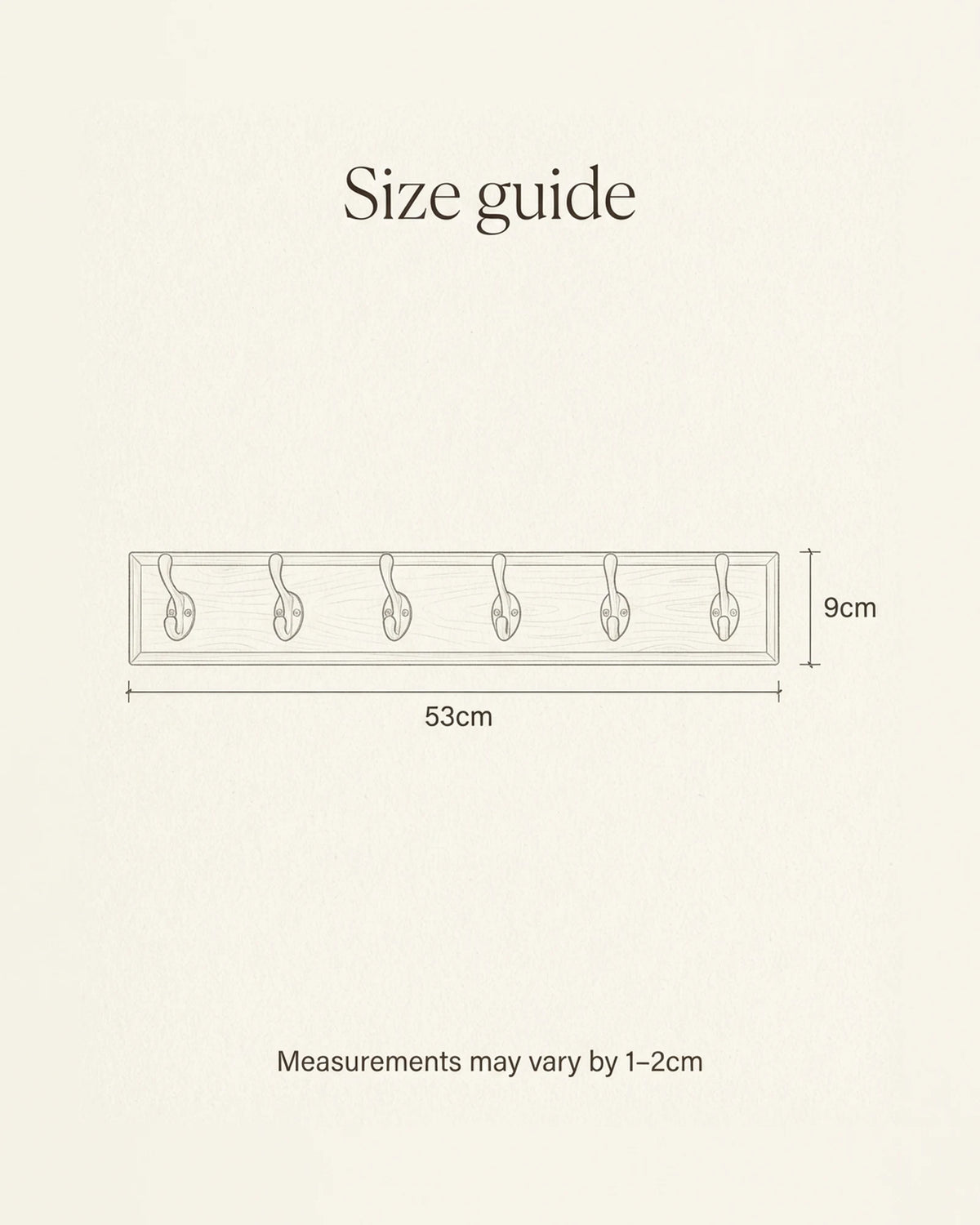 Size guide sketch for the wooden coat rack with six antique bronze double hooks: 53 cm long and 9 cm high