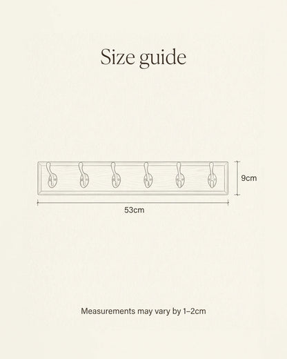 Size guide sketch for the wooden coat rack with six antique bronze double hooks: 53 cm long and 9 cm high